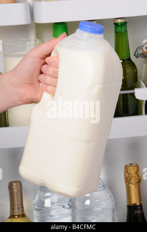 Mettere il latte in plastica BOTTIGLIA IN FRIGORIFERO Foto Stock