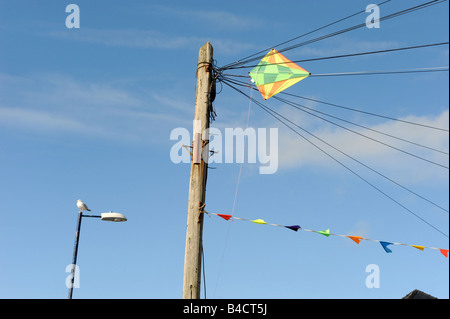 Un aquilone catturati nei fili del telegrafo sul fronte spiaggia a BORTH IN CEREDIGION West Wales UK Foto Stock