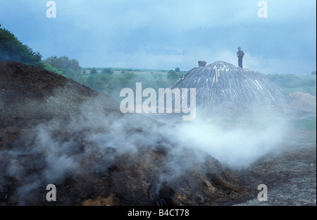 La combustione di legna tumuli durante il carbone di legna rendendo vicino Corund o Korund in Transilvania Romania Foto Stock