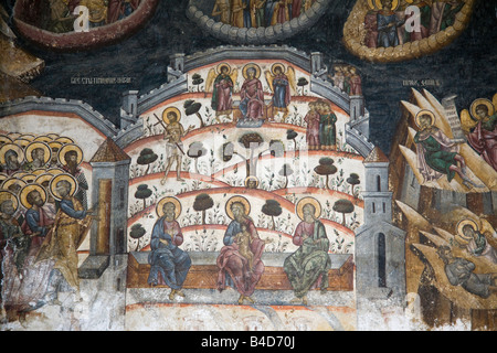 Cozia Transilvania Romania Europa La pittura religiosa sulla parete al di fuori di una chiesa del XIV secolo il monastero fortificato Foto Stock