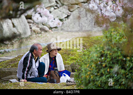 Giovane godendo un picnic al castello di Himeji durante il Sakura Matsuri, l annuale Cherry Blossom Festival Foto Stock