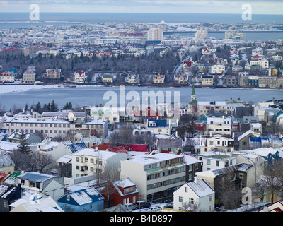 Coperta di neve Reykjavik, Islanda Foto Stock