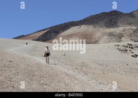 Walkers sul percorso attraverso la pomice e magma sulla Montana Blanca Las Canadas del Teide Tenerife Canarie Spagna Foto Stock