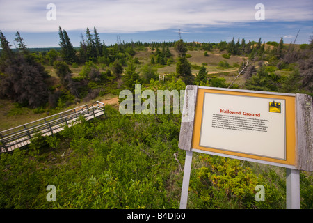 Dichiarazioni interpretative segno lungo lo spirito Sands Trail, boschi di abete rosso Parco Provinciale, Manitoba, Canada. Foto Stock