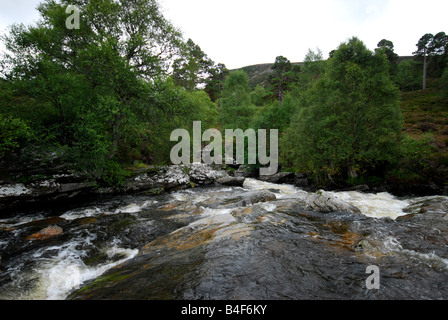 Quoich l'acqua scorre su rocce in Glen Quoich vicino a Braemar Foto Stock