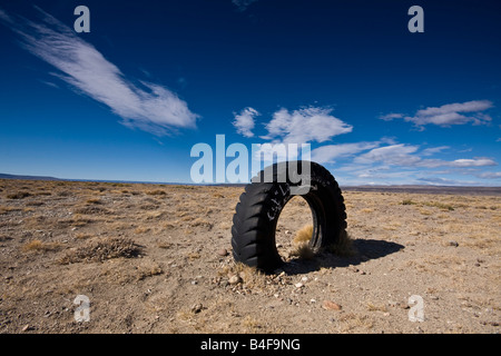 Un pneumatico che mostra l'ingresso in un ranch di strada al percorso 40, Patagonia, Argentina Foto Stock