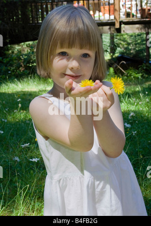 Giovane ragazza in abito bianco estate o primavera, dando un giallo brillante tarassaco fiore a qualcuno. verde erba, giornata di sole Foto Stock