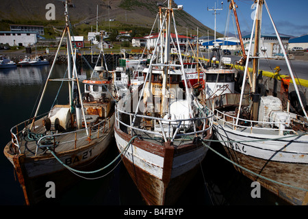 Le barche e il porto di Bildudalur ovest dell'Islanda Foto Stock