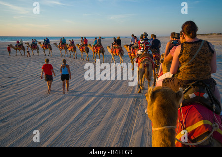 A dorso di cammello al tramonto sulla spiaggia di Cable Broome Australia Occidentale Foto Stock