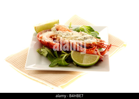 Fresco di lusso delizioso vestito canadese aragosta, preparato e cotto nel suo guscio, pronto a mangiare, isolata contro uno sfondo bianco Foto Stock