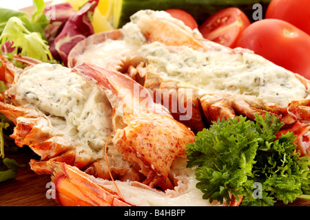 Fresco di lusso delizioso vestito canadese aragosta, preparato e cotto nel suo guscio, pronto a mangiare, isolata contro uno sfondo bianco Foto Stock