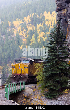 BNSF treno merci rotoli su un traliccio sul della Union Pacific Railroad vie vicino Pinecliff Colorado Foto Stock