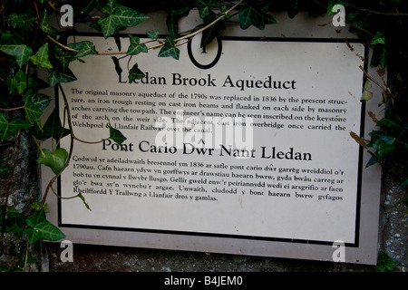 Marcatura di placca la Lledan Brook acquedotto sul canale di Montgomery, vicino a Welshpool, parte dello Shropshire Union Canal, Galles Foto Stock