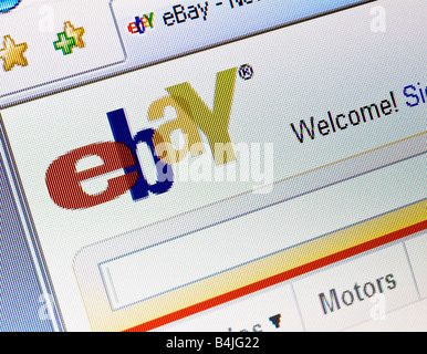 Sito web di Ebay splash screen e il logo mostra messaggio di benvenuto Foto Stock