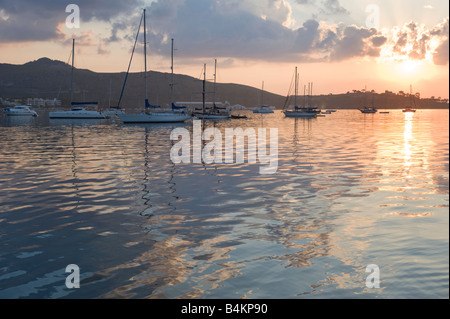 Sunrise in Puerto Pollensa Harbour, Maiorca Foto Stock