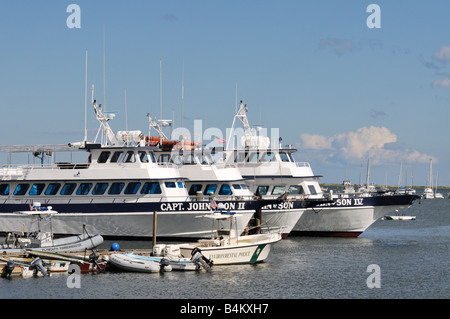 Gruppo del partito di pesca Noleggio barche ormeggiate nel porto di Plymouth, MA, Stati Uniti d'America Foto Stock