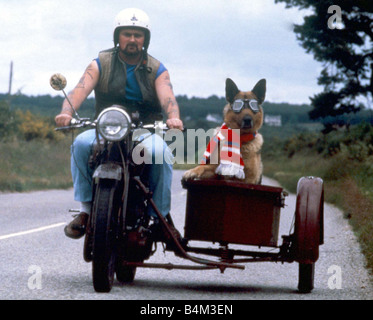 Moto e sidecar John Smith da Invernesswith il suo cane Shane sui suoi 50 anni cane bici in sidecar occhiali sciarpa casco tatuaggi Foto Stock