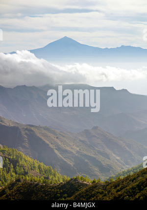 Vista in lontananza il Monte Teide,Tenerife,Spagna, dal Parco Nazionale di Garajonay, La Gomera Foto Stock