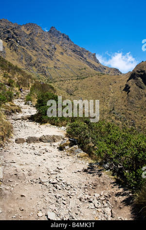 Vista del Inca Trail percorso, Camino Inka, sul modo di morti donna di passare il secondo giorno due di quattro giorno escursione, Ande del Perù Foto Stock