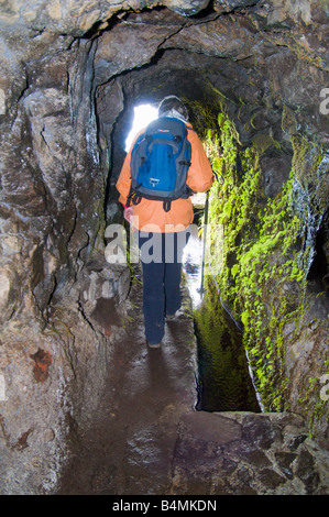 Walker in tunnel su Levada do Caldeirao Verde Madera Foto Stock