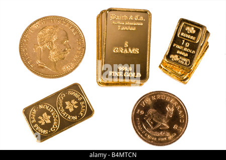 Gold Bullion in piccoli bar e monete; 1g, 2g e 5g lingotti; Austrian Ducat e 1/10 Krugerrand Foto Stock