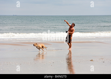 Uomo che gioca con la palla con il suo cane sulla spiaggia in Florida Foto Stock