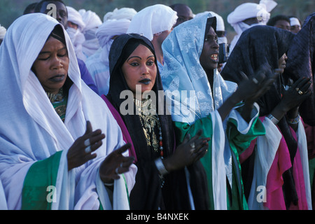 Algeria vicino Djanet Tuareg annuale festival denominato SBIBA donne battendo le mani nel deserto del Sahara Foto Stock