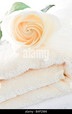 Pila di soffici asciugamani di lusso con fiori freschi Foto Stock