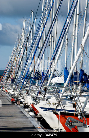 La prua del moderno yacht a vela ormeggiata a un pontile sul loch in Scozia Foto Stock