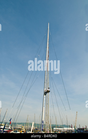 Un marinaio francese la scalata al montante principale la preparazione per la Artemis Transat 2008. Foto Stock