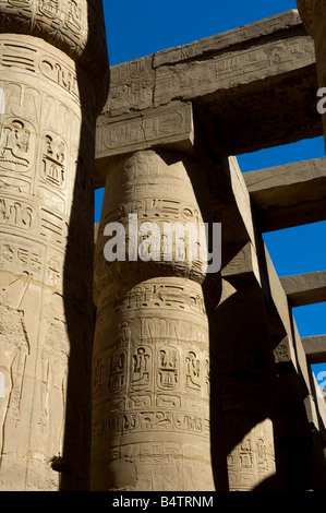 Chiuso il papiro bud capitelli delle colonne nella grande Hypostyle Hall, Tempio di Karnak complessa, Sito Patrimonio Mondiale dell'UNESCO, Luxor Foto Stock