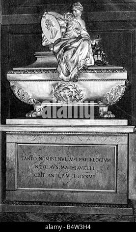 Machiavelli, Niccolo, 3.5.1469 - 22.6.1527, politico italiano, sua tomba, Santa Croce, Firenze, incisione in legno, fine 19th secolo, , Foto Stock