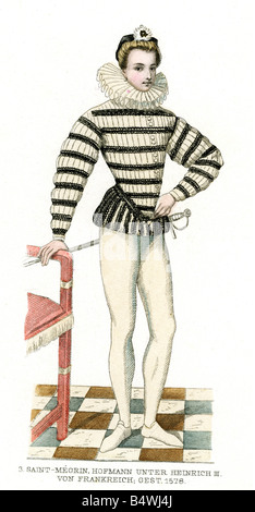 Moda, 16th secolo, Francia, costume da corte, Paul de Stuart de Caussade, conte di Saint-Megrin, favorito di re Enrico III (regnato 1574 - 1589), incisione in legno, 19th secolo, pantaloni, collant, collare, ruff, cortier, mignon, nobiltà, uomini, abbigliamento, Rinascimento, storico, Saint Megrin, Foto Stock