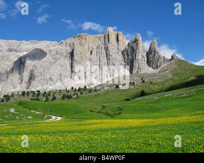 Il gruppo del Sella nelle Dolomiti, visto da vicino al Passo Sella, Italia Foto Stock