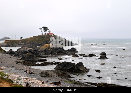 Casa di luce su una costa rocciosa della California del nord. Crescent City, California, Stati Uniti d'America. Foto Stock