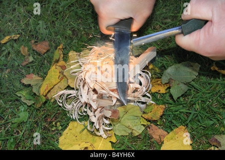 Utilizzando un incendio di acciaio per incendiare bastoncini di piuma per creare il fuoco Foto Stock