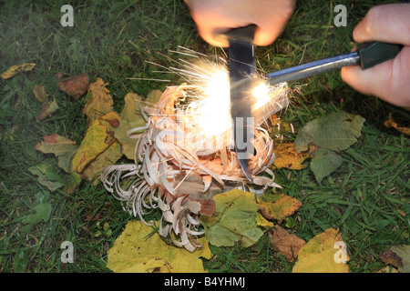 Utilizzando un incendio di acciaio per incendiare bastoncini di piuma per creare il fuoco Foto Stock