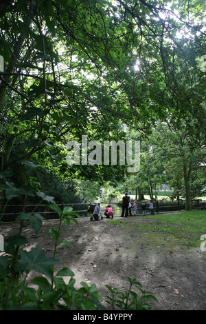 people sitting in a park with leaves changing as autumn sets in enjoying the last bit of summer Foto Stock