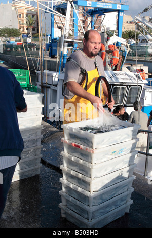 Pescatore casse di lavaggio del pesce prima di avere caricato per andare al mercato Playa San Juan Tenerife Isole Canarie Foto Stock