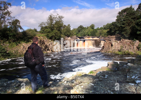 Walker godendo della vista di bassa forza cascata sul Fiume Tees Teesdale superiore della Contea di Durham Foto Stock