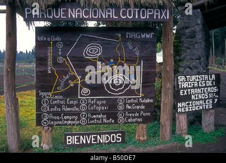 Segno di benvenuto, bienvenidos, ingresso, mappa, Parco Nazionale Cotopaxi, Parque Nacional Cotopaxi, provincia di Cotopaxi, Ecuador, Sud America Foto Stock