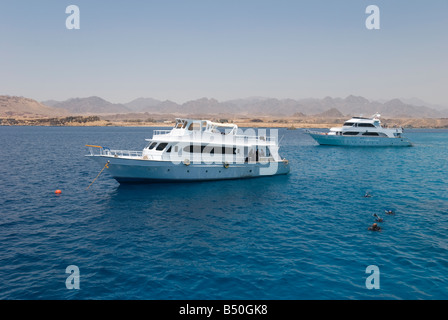 Due imbarcazioni in attesa per immersioni a Sharm el Sheikh, Mar Rosso, Egitto. Le immersioni in Mar Rosso. Foto Stock