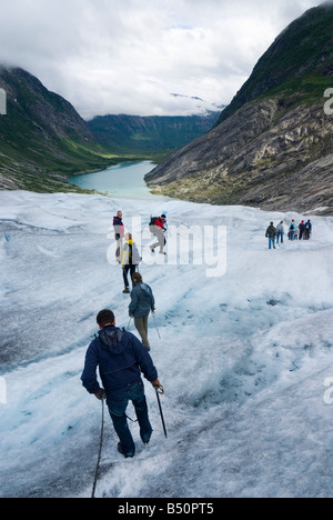 I turisti in escursione sul ghiacciaio di Jostedal Foto Stock