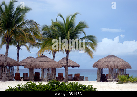 Il faggio con cielo blu, capanne di faggio, palme e sedie a sdraio su l'isola di Cozumel Messico Foto Stock