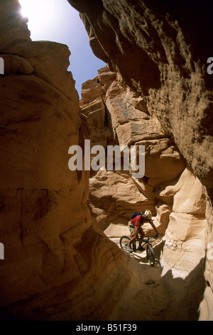 Campione del Mondo Hans Rey cavalcare la prima discesa off la vetta del Monte Sinai, Egitto Foto Stock