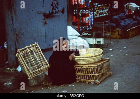 Una vecchia donna vende i limoni in un mercato in vecchie parti del Cairo in Egitto Foto Stock