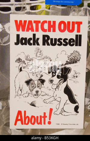 Guarda Jack Russell circa divertente segno di avvertimento del cane sui locali Foto Stock