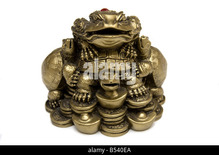 Il Feng Shui rana in bronzo sulle monete cinesi isolato ritagliata su sfondo bianco Foto Stock