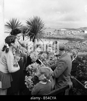 I primi narcisi giallo chiamato Soleil D'or, che sono cresciute sulle isole di Scilly, vengono inviati, imballati in scatole e inviati in barca a Penzance, per mercato di Covent Garden. ;Febbraio 1953 ;D647-011 Foto Stock