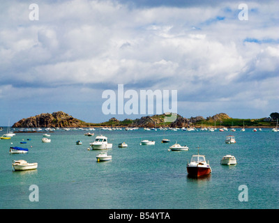 Piccole barche a vela e yacht ormeggiati nel porto di Le Diben, Plougasnou, Finisterre, costa della Bretagna Francia Europa Foto Stock